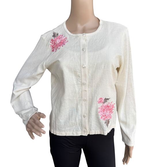 Joan Leslie PL Floral Cardigan Cream Pink Embroidered Knit Linen Cotton Petite - Picture 1 of 9